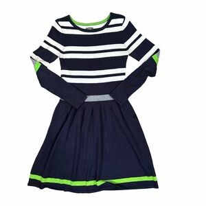 Vince Camuto Women’s Navy Blue Stripe Knit Dress with Lime & Grey Accent. Size M